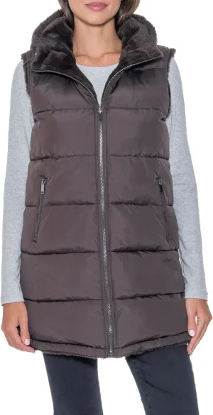 S.E.B Women's Long Reversible Puffer Vest with Hood, Puffy Sleeveless Vest Reverses to Lux Faux Fur for Winter and Fall