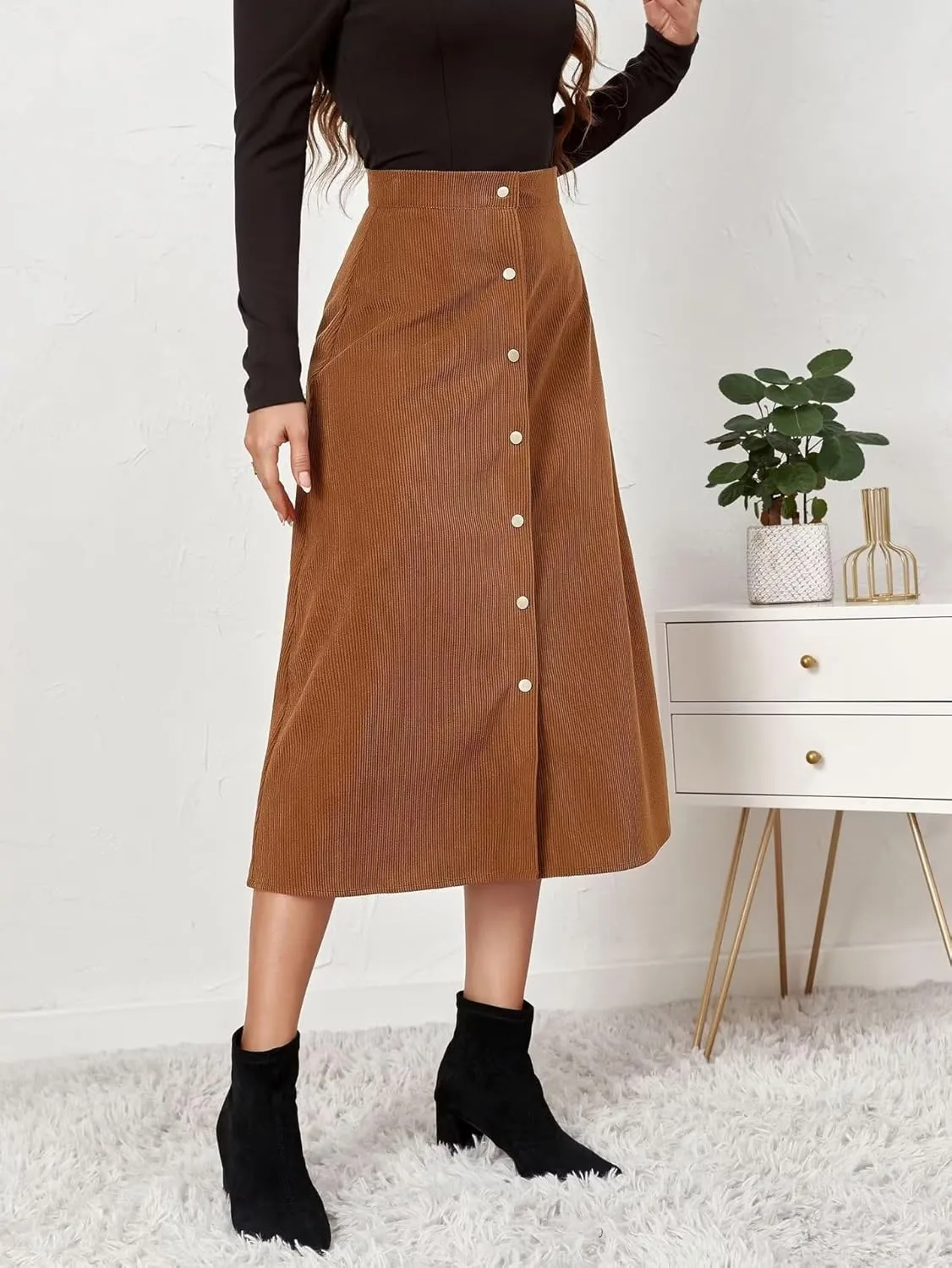 Shefae Women's Corduroy Midi Long Skirt Button Front High Waist A-Line Skirt