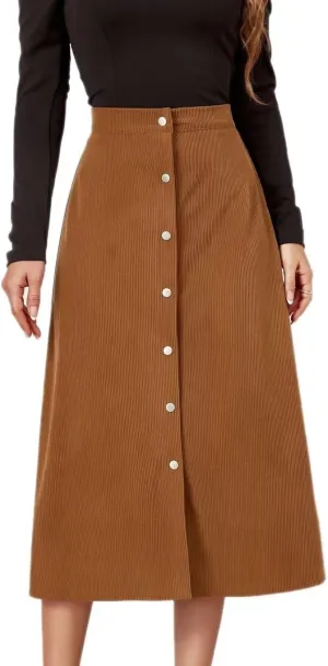Shefae Women's Corduroy Midi Long Skirt Button Front High Waist A-Line Skirt