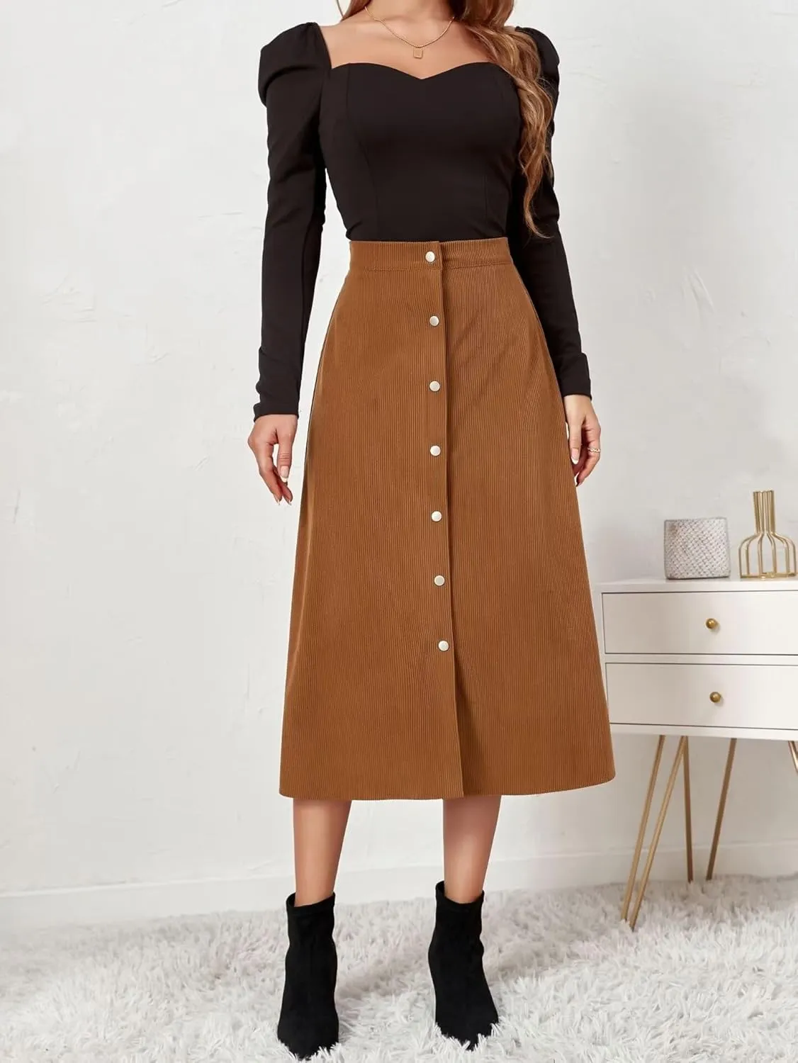Shefae Women's Corduroy Midi Long Skirt Button Front High Waist A-Line Skirt