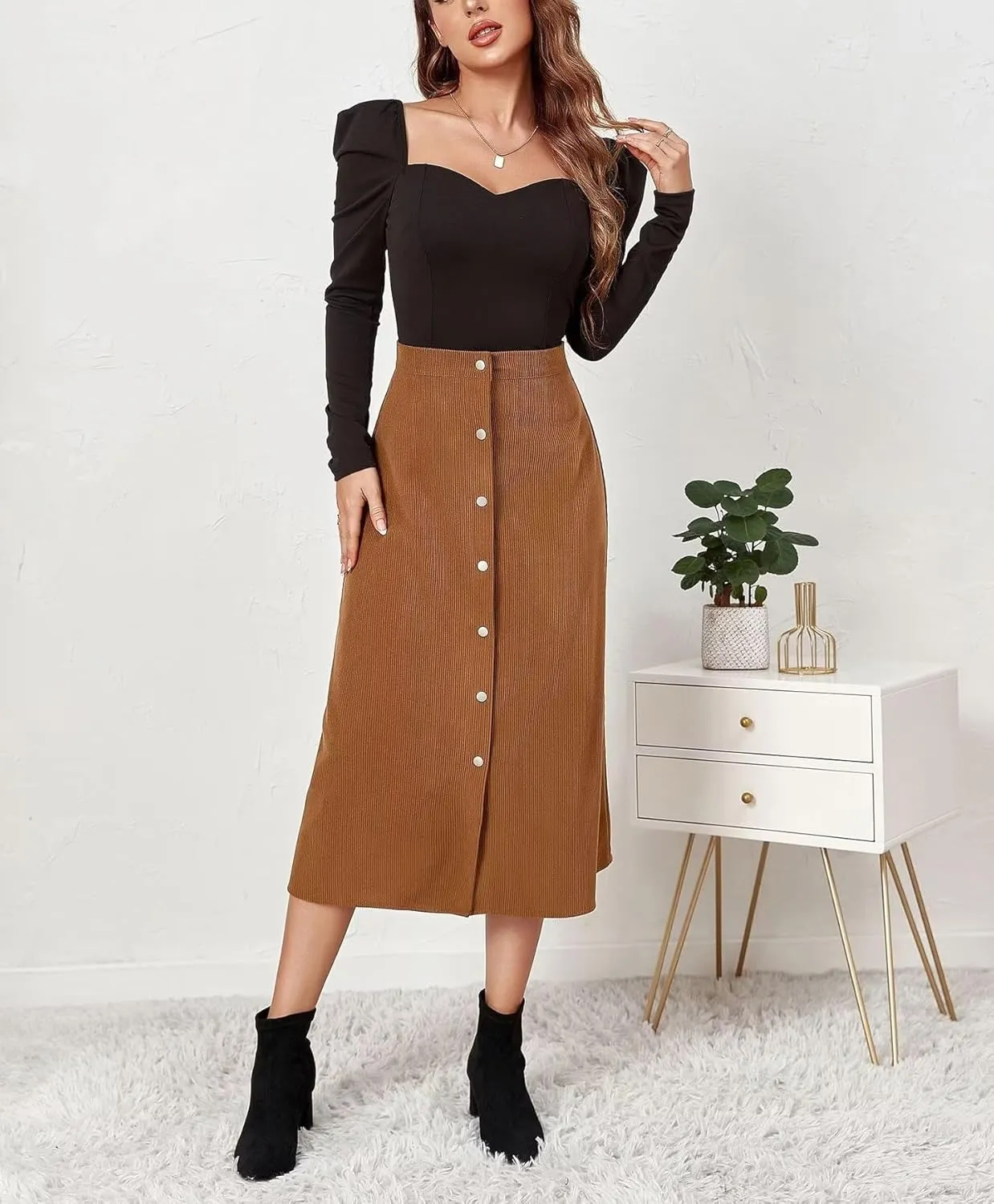 Shefae Women's Corduroy Midi Long Skirt Button Front High Waist A-Line Skirt