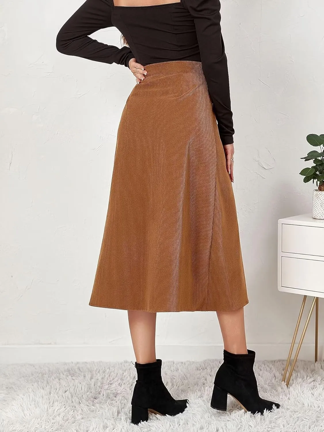 Shefae Women's Corduroy Midi Long Skirt Button Front High Waist A-Line Skirt