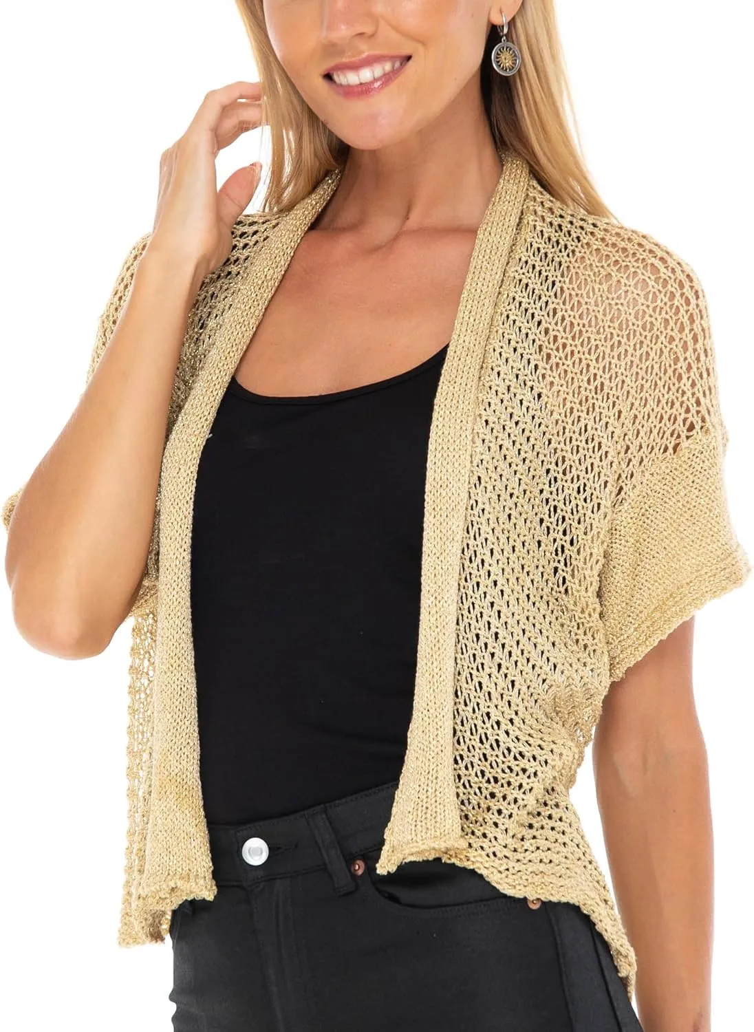 SHU-SHI Womens Short Sleeve Bolero Shrug Open Front Knit Cardigan Sheer Sweater