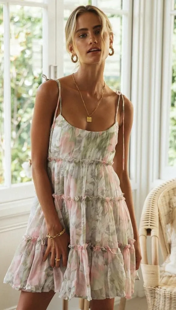 Sister Amy Women's Summer Floral Mini Dress Boho Flowy Skater Dresses Short Sleeveless Ruffle Spaghetti Strap Dress