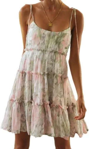 Sister Amy Women's Summer Floral Mini Dress Boho Flowy Skater Dresses Short Sleeveless Ruffle Spaghetti Strap Dress