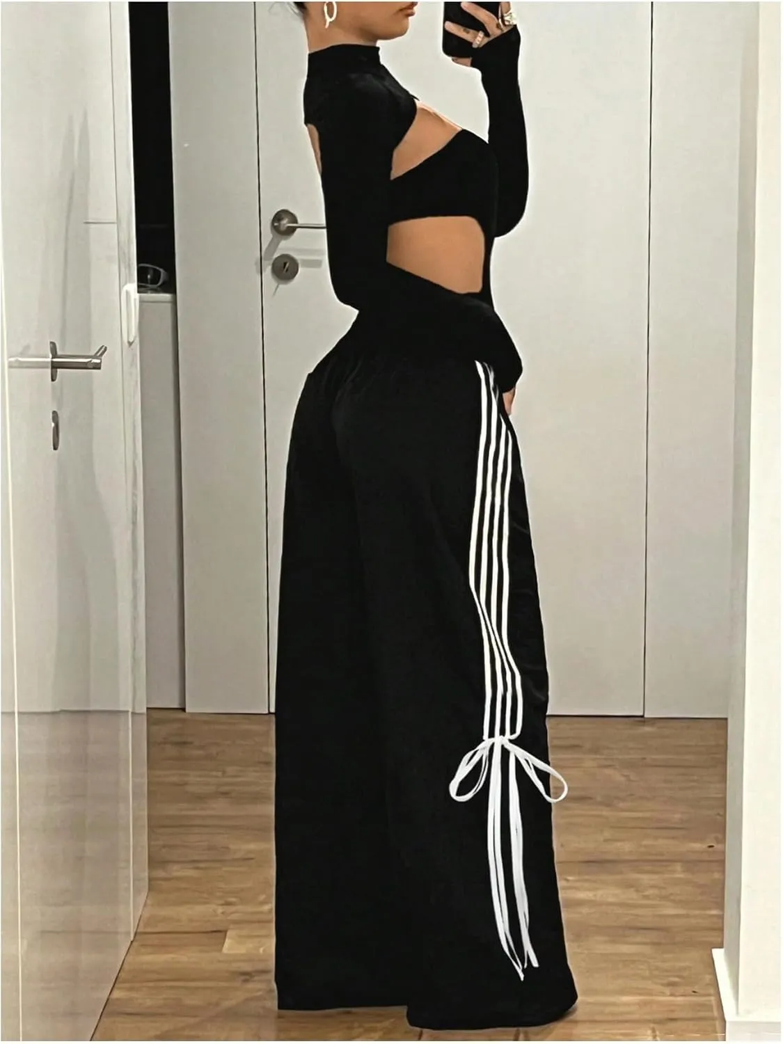 SOLY HUX Women's Striped Side Bow Knot Pants Elastic Waist Baggy Wide Leg Long Pants
