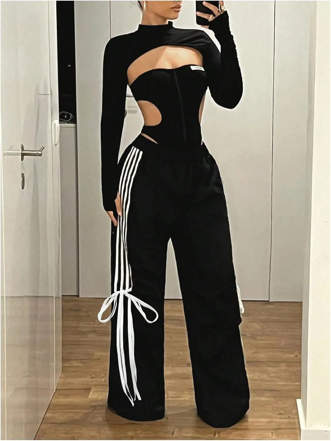 SOLY HUX Women's Striped Side Bow Knot Pants Elastic Waist Baggy Wide Leg Long Pants