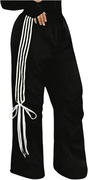 SOLY HUX Women's Striped Side Bow Knot Pants Elastic Waist Baggy Wide Leg Long Pants