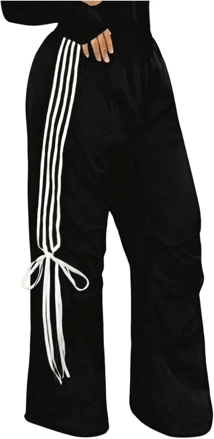 SOLY HUX Women's Striped Side Bow Knot Pants Elastic Waist Baggy Wide Leg Long Pants