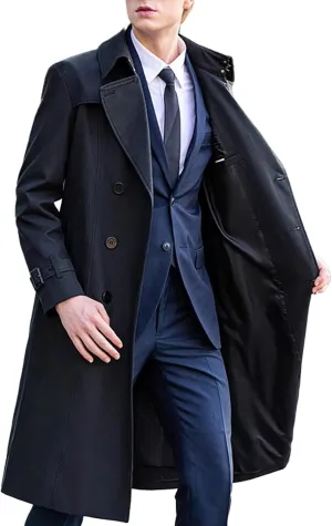 SOMTHRON Men's Trench Coat Slim fit Double Breasted Belted Windbreaker Notched Lapel Long Jacket Windproof Overcoat