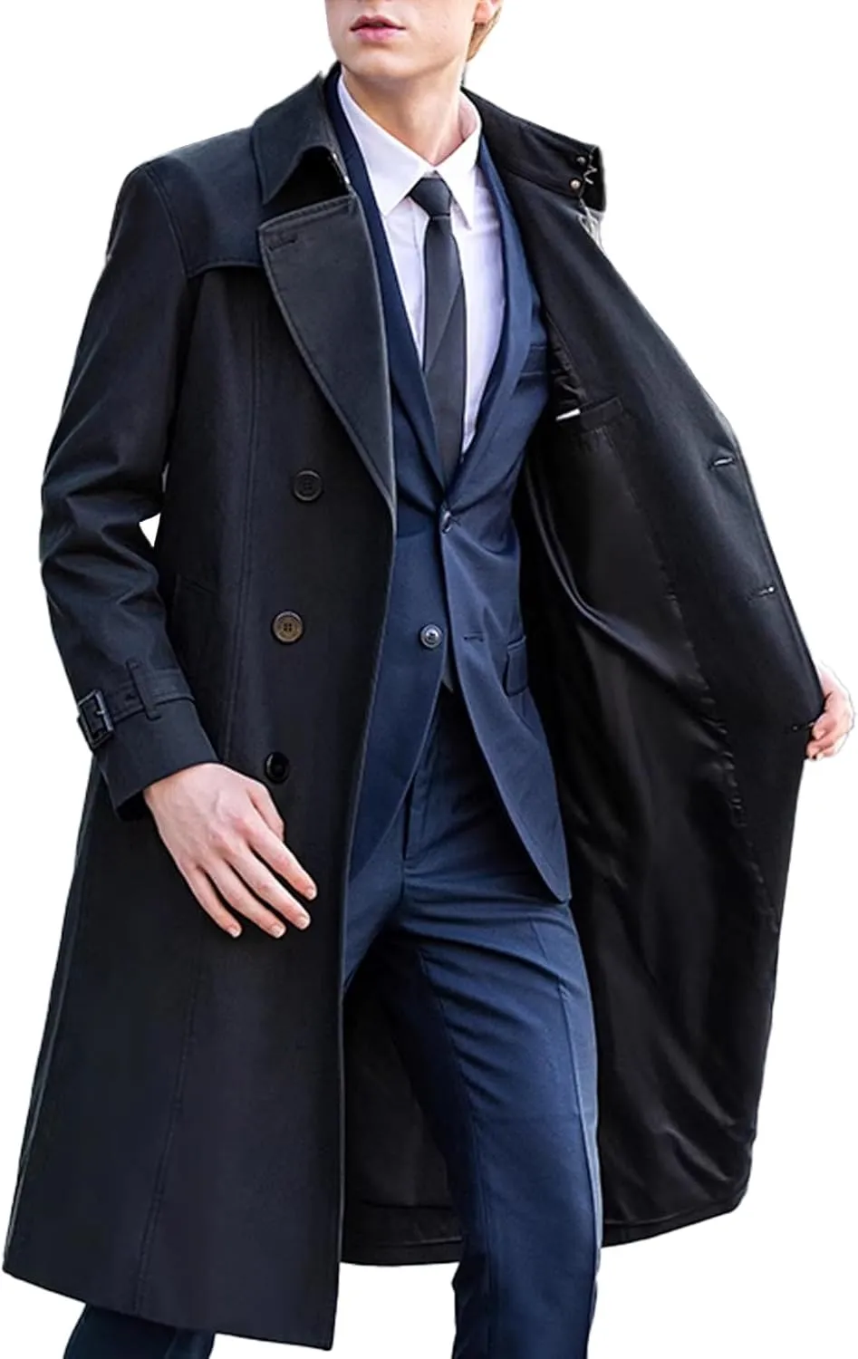 SOMTHRON Men's Trench Coat Slim fit Double Breasted Belted Windbreaker Notched Lapel Long Jacket Windproof Overcoat