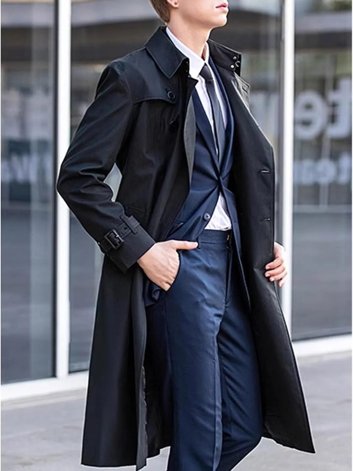 SOMTHRON Men's Trench Coat Slim fit Double Breasted Belted Windbreaker Notched Lapel Long Jacket Windproof Overcoat