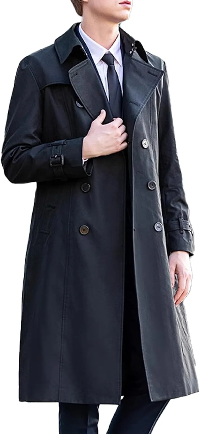 SOMTHRON Men's Trench Coat Slim fit Double Breasted Belted Windbreaker Notched Lapel Long Jacket Windproof Overcoat