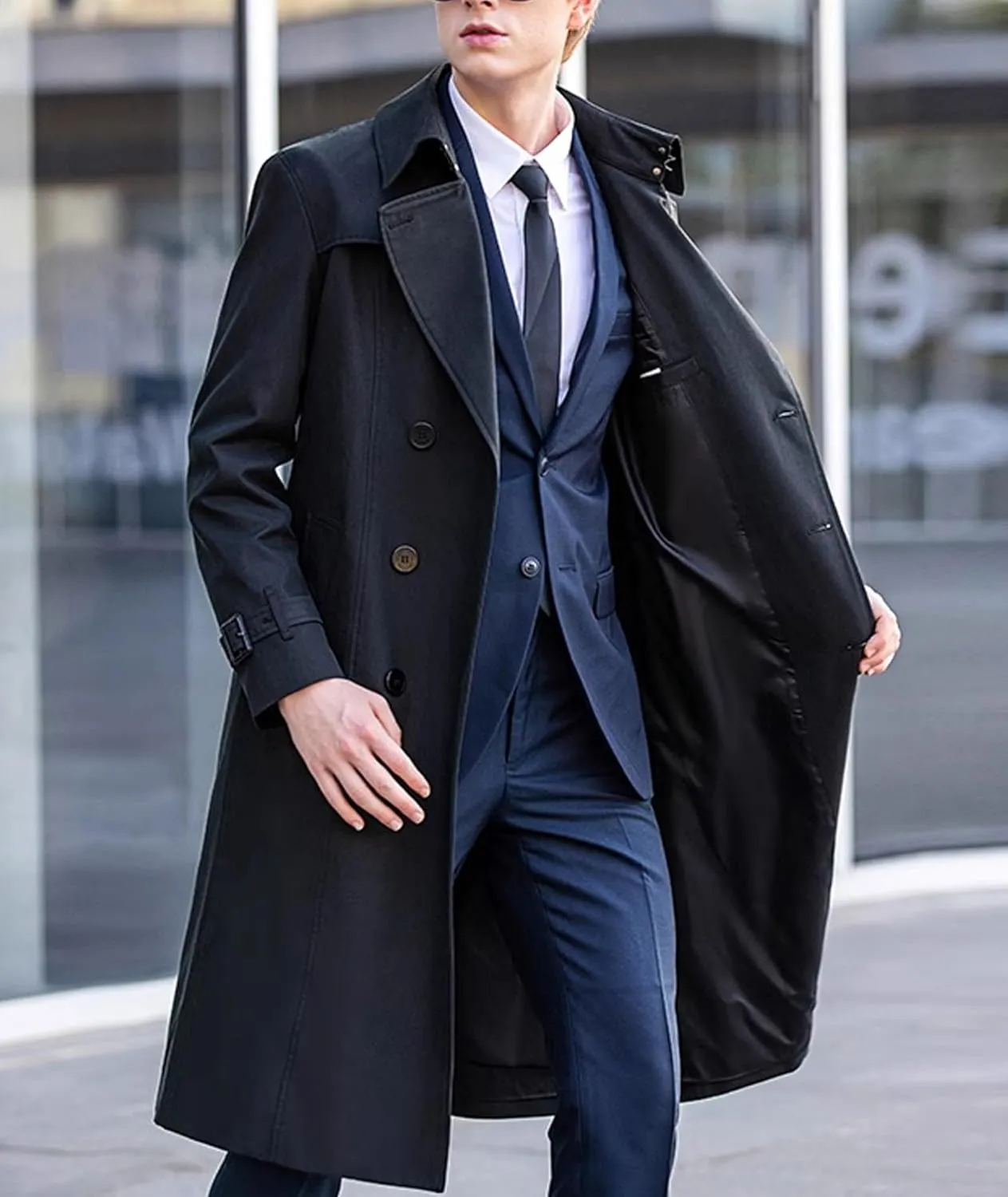 SOMTHRON Men's Trench Coat Slim fit Double Breasted Belted Windbreaker Notched Lapel Long Jacket Windproof Overcoat