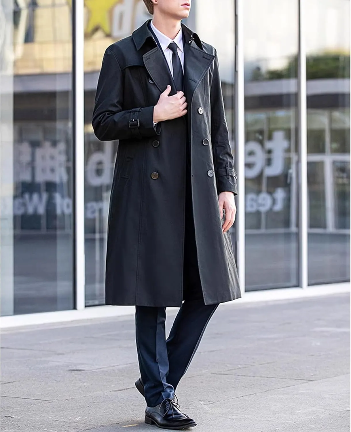 SOMTHRON Men's Trench Coat Slim fit Double Breasted Belted Windbreaker Notched Lapel Long Jacket Windproof Overcoat