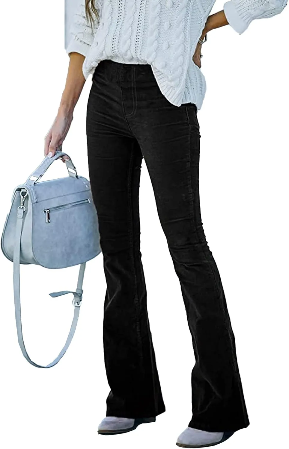 SOMTHRON Women's Corduroy Flare Pants Elastic Waist Slim Fit Bell Bottom Retro Wide Leg Long Trousers