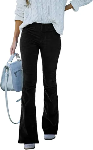 SOMTHRON Women's Corduroy Flare Pants Elastic Waist Slim Fit Bell Bottom Retro Wide Leg Long Trousers