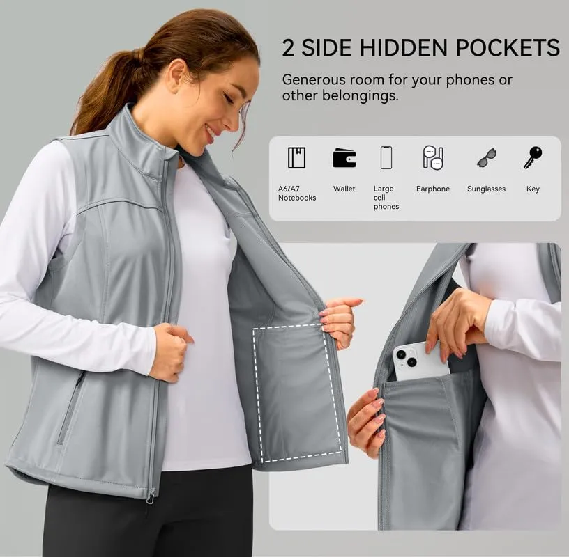 Soothfeel Women's Vest with Zipper Pocekts Lightweight Softshell Sleeveless Jacket Hiking Travel Golf Running Vest for Women