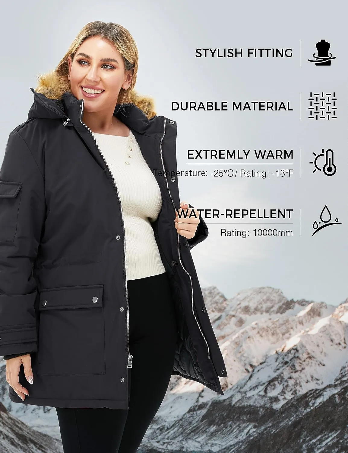 Soularge Women's Winter Plus Size Waterproof Thicken Puffer Coat with Faux fur Hood