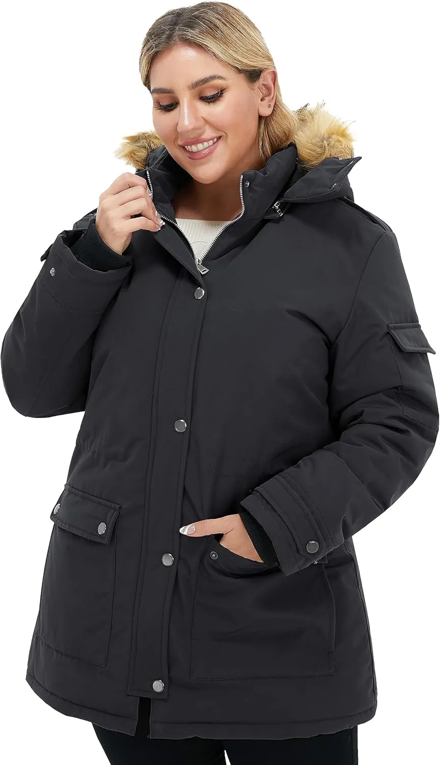 Soularge Women's Winter Plus Size Waterproof Thicken Puffer Coat with Faux fur Hood