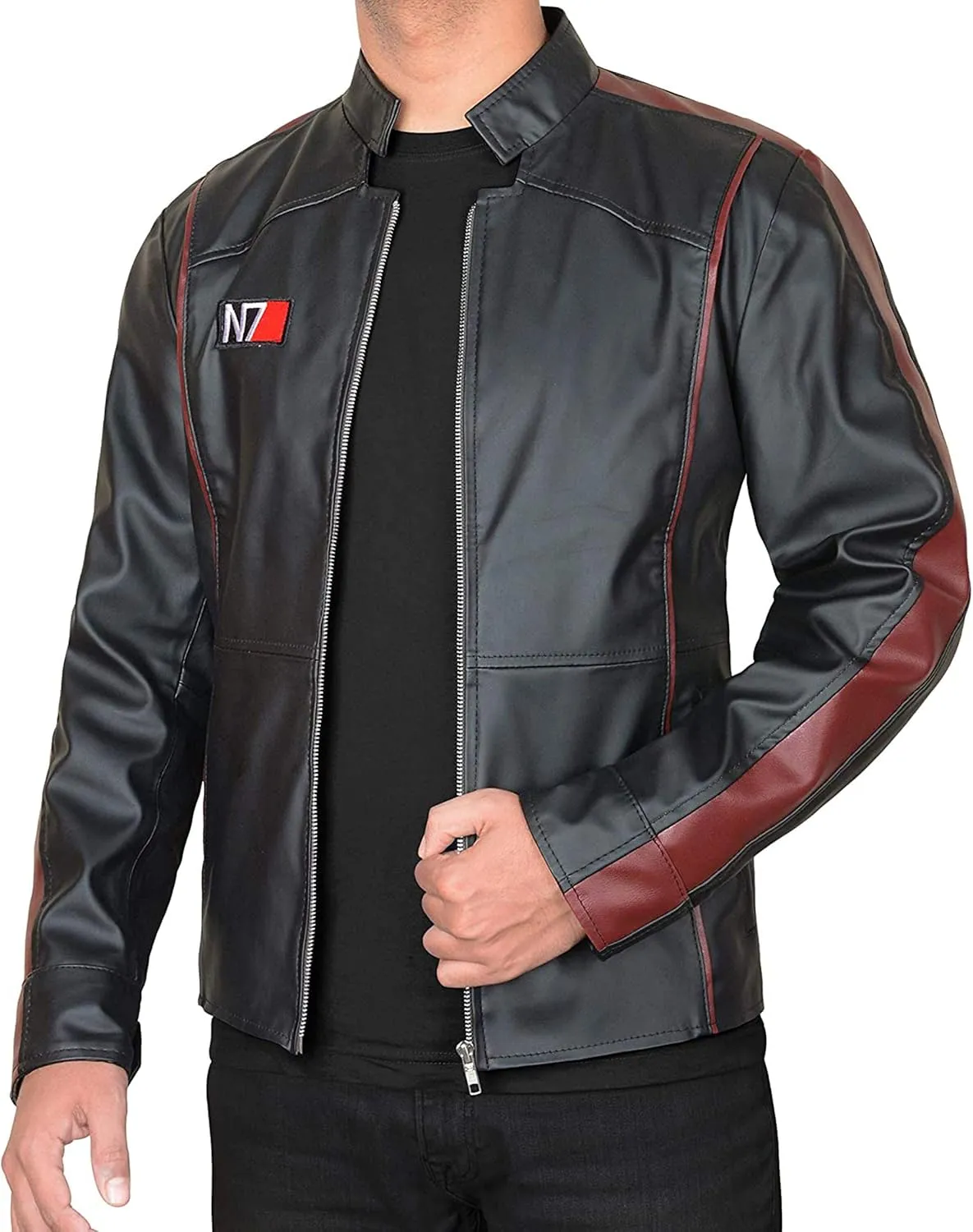 SpazeUp New 7 Leather Jacket Mens - Mass Effected Game Costume - Black Street Fighter Leather Jacket Men