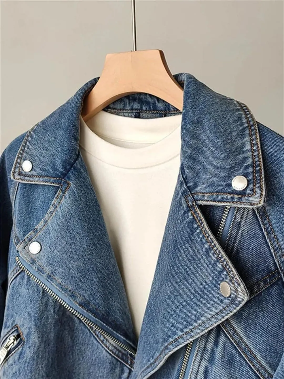 Spring Autumn Women Denim Jacket Casual Lady Moto Biker Coat Vintage Lapel Zipper Jean Jacket