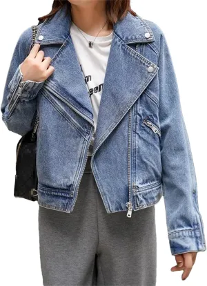 Spring Autumn Women Denim Jacket Casual Lady Moto Biker Coat Vintage Lapel Zipper Jean Jacket