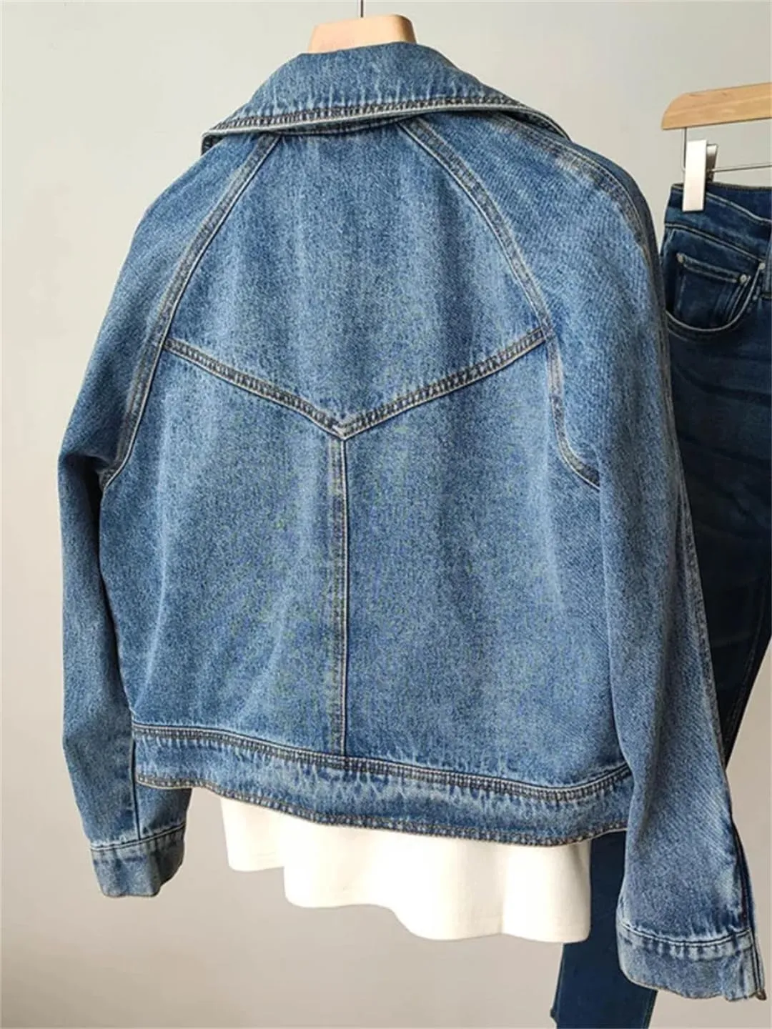 Spring Autumn Women Denim Jacket Casual Lady Moto Biker Coat Vintage Lapel Zipper Jean Jacket