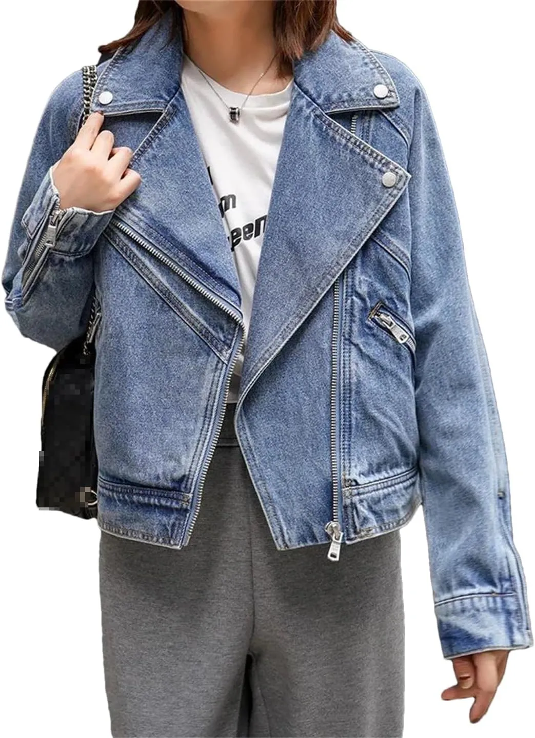 Spring Autumn Women Denim Jacket Casual Lady Moto Biker Coat Vintage Lapel Zipper Jean Jacket