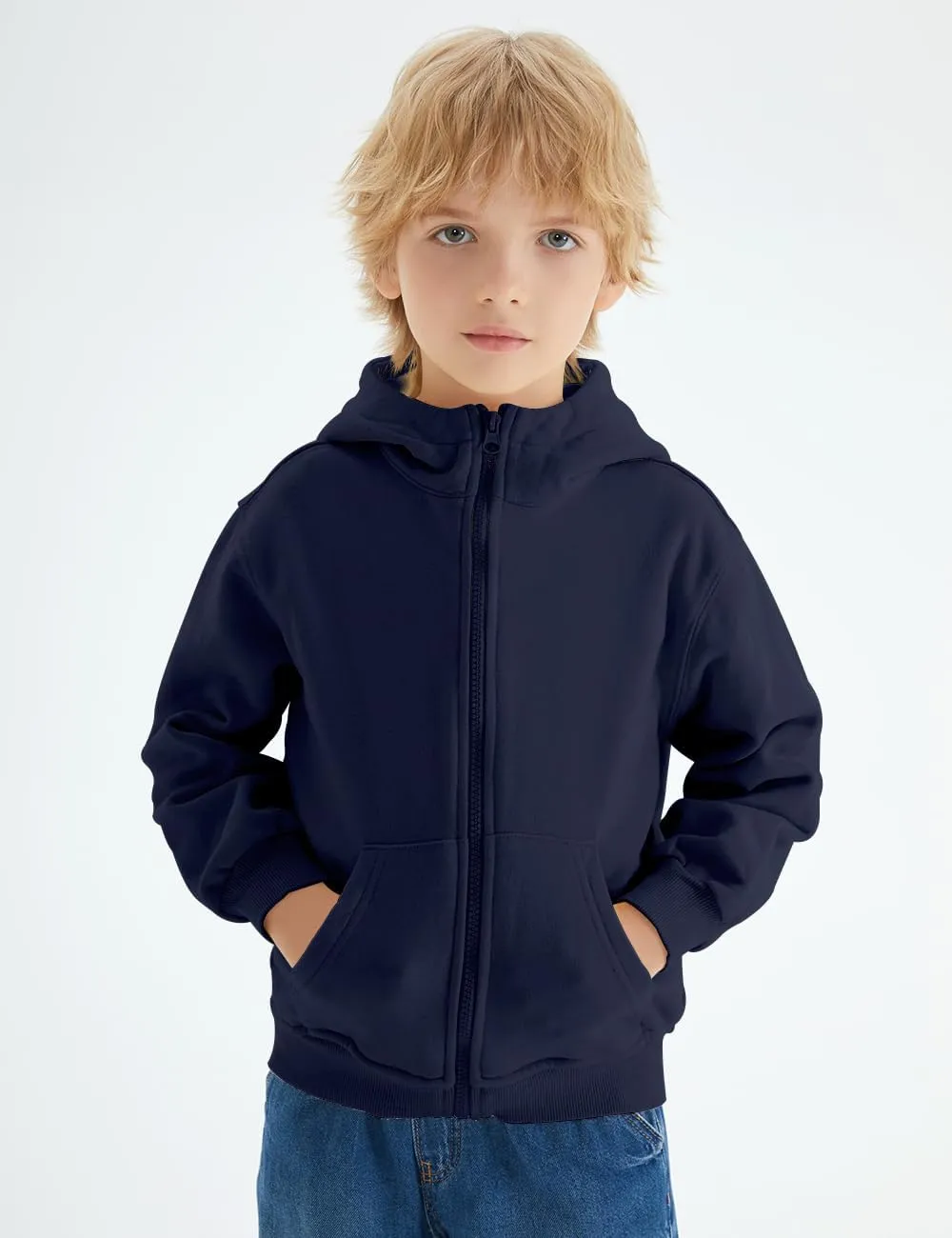Spring&Gege Boys Full Zip Hoodies High Neck Mid-weight Fleece Hooded Sweatshirts for Children