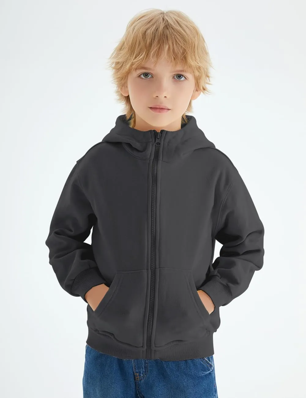 Spring&Gege Boys Full Zip Hoodies High Neck Mid-weight Fleece Hooded Sweatshirts for Children