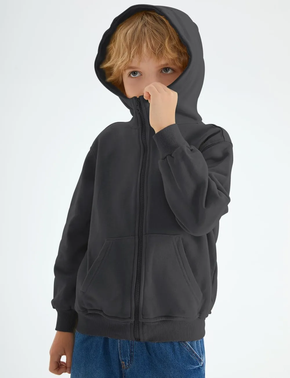 Spring&Gege Boys Full Zip Hoodies High Neck Mid-weight Fleece Hooded Sweatshirts for Children