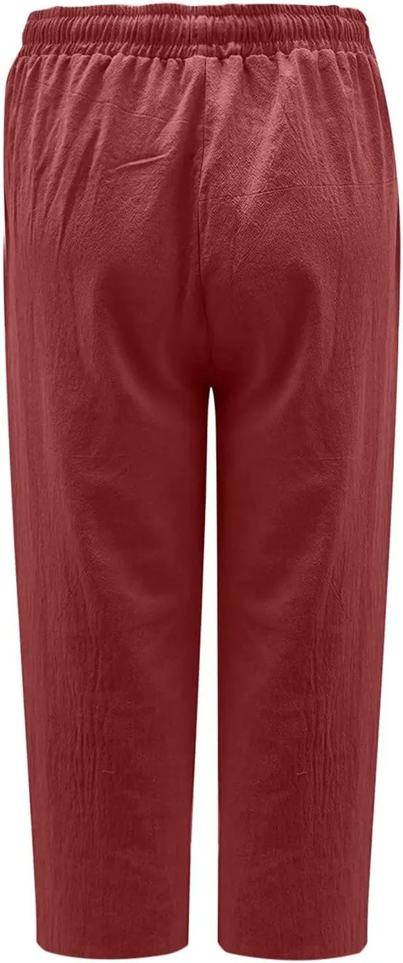 Straight Capris for Women with Pockets Stretch Elastic High Waist Drawstring Trousers Breathable Fashion Beach 2024