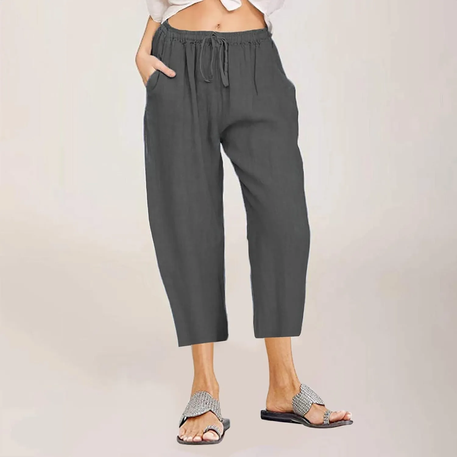 Straight Capris for Women with Pockets Stretch Elastic High Waist Drawstring Trousers Breathable Fashion Beach 2024