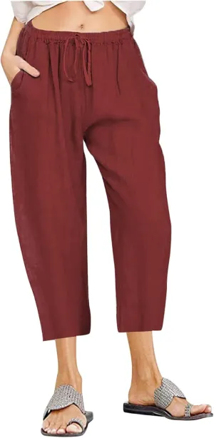 Straight Capris for Women with Pockets Stretch Elastic High Waist Drawstring Trousers Breathable Fashion Beach 2024