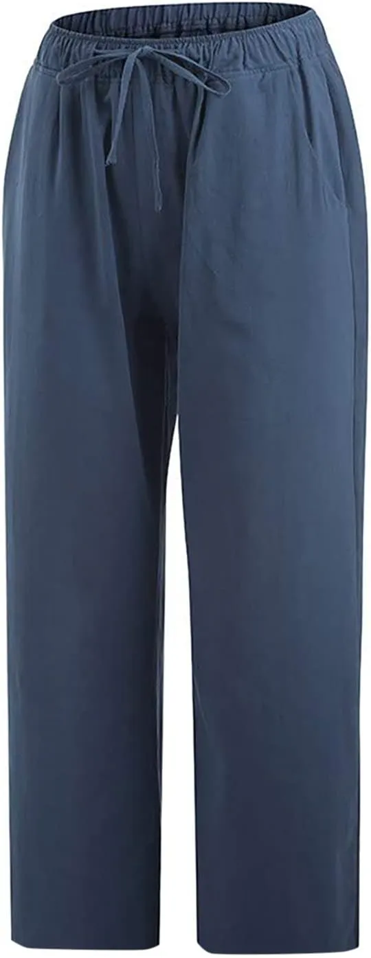 Straight Capris for Women with Pockets Stretch Elastic High Waist Drawstring Trousers Breathable Fashion Beach 2024