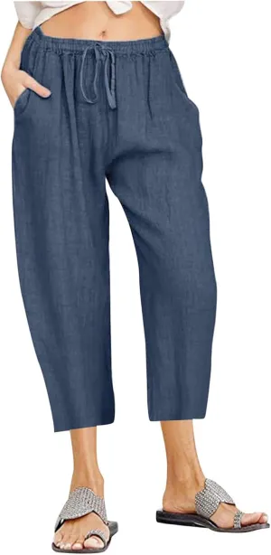 Straight Capris for Women with Pockets Stretch Elastic High Waist Drawstring Trousers Breathable Fashion Beach 2024