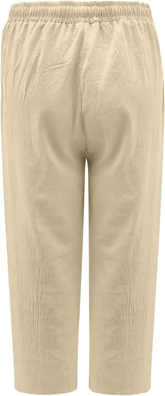 Straight Capris for Women with Pockets Stretch Elastic High Waist Drawstring Trousers Breathable Fashion Beach 2024