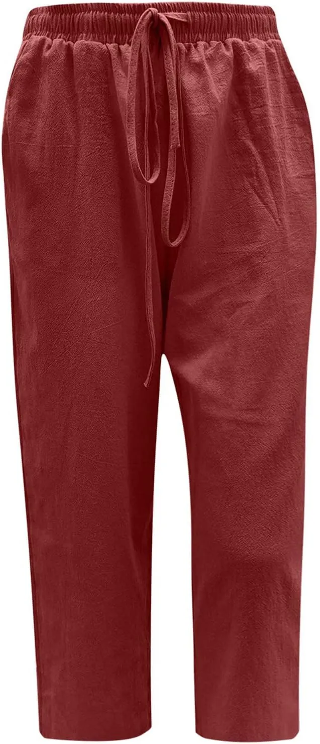 Straight Capris for Women with Pockets Stretch Elastic High Waist Drawstring Trousers Breathable Fashion Beach 2024
