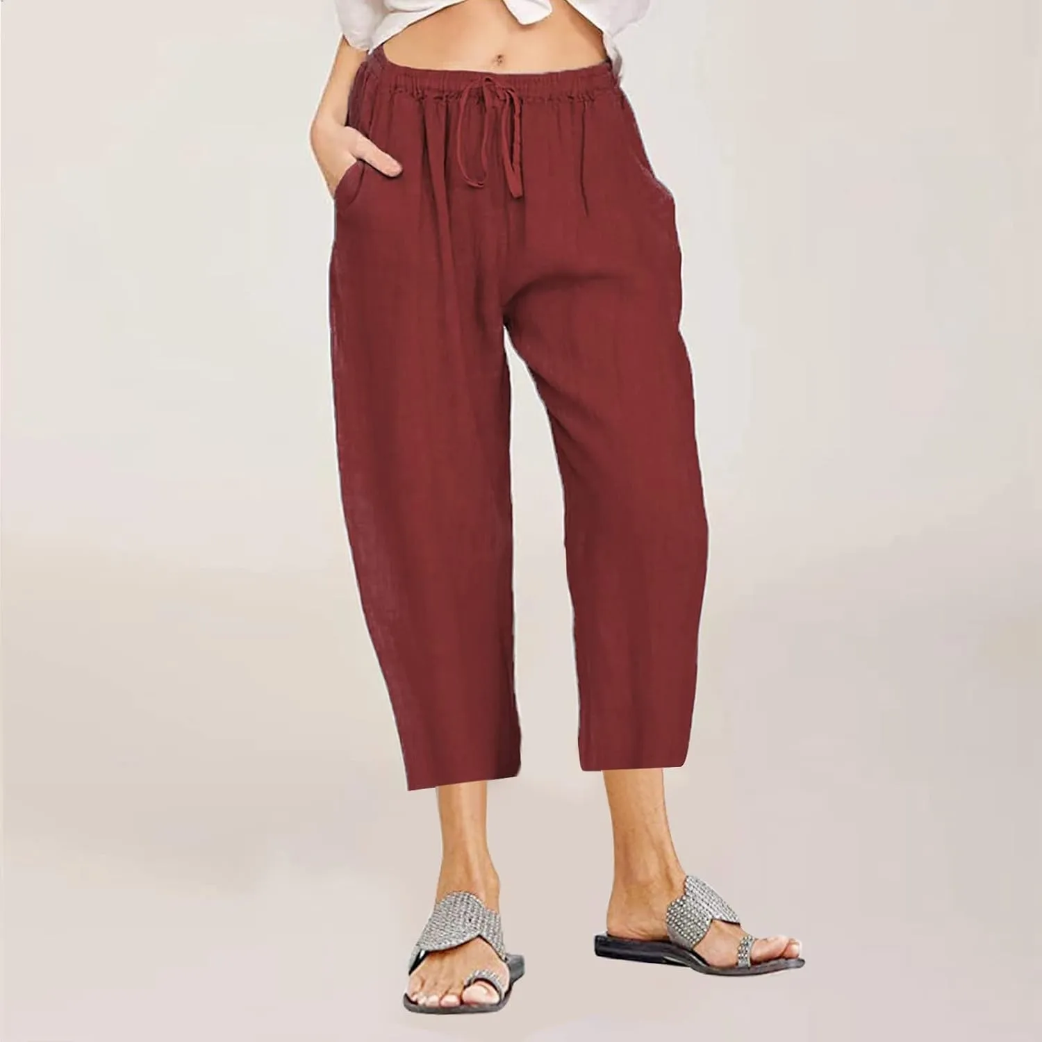 Straight Capris for Women with Pockets Stretch Elastic High Waist Drawstring Trousers Breathable Fashion Beach 2024