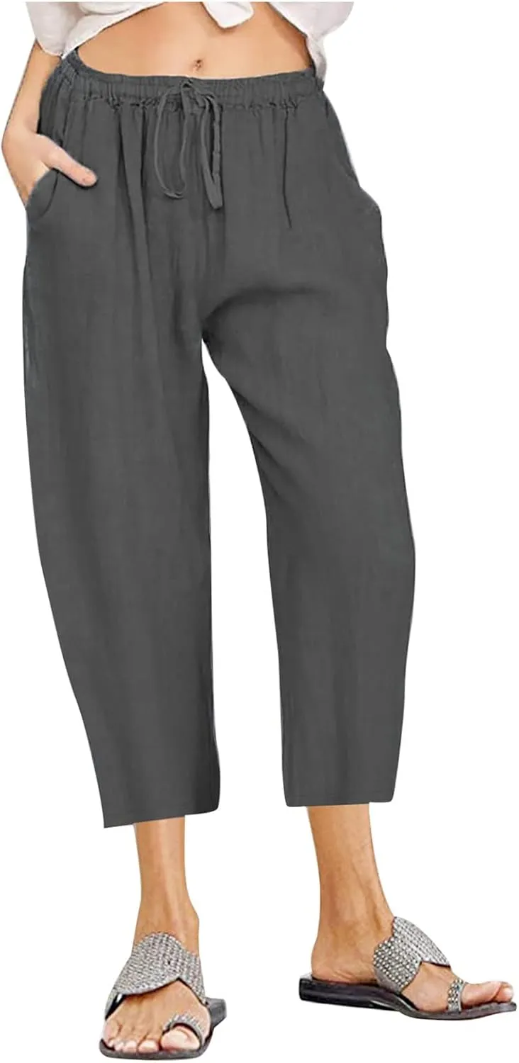 Straight Capris for Women with Pockets Stretch Elastic High Waist Drawstring Trousers Breathable Fashion Beach 2024