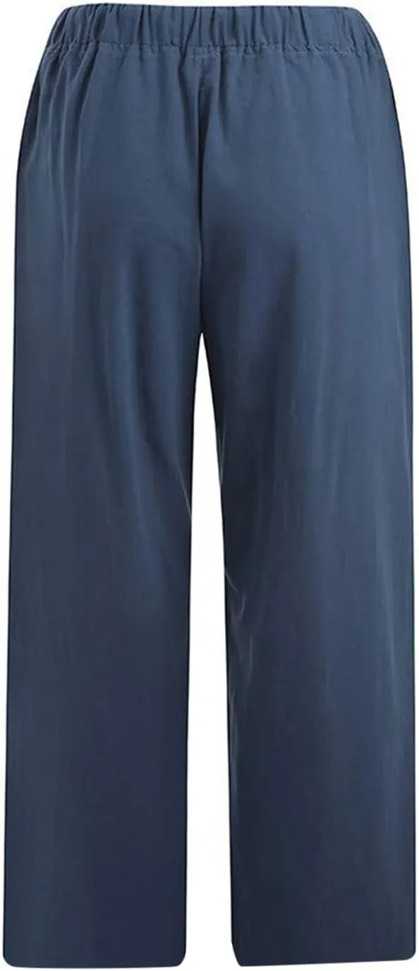 Straight Capris for Women with Pockets Stretch Elastic High Waist Drawstring Trousers Breathable Fashion Beach 2024