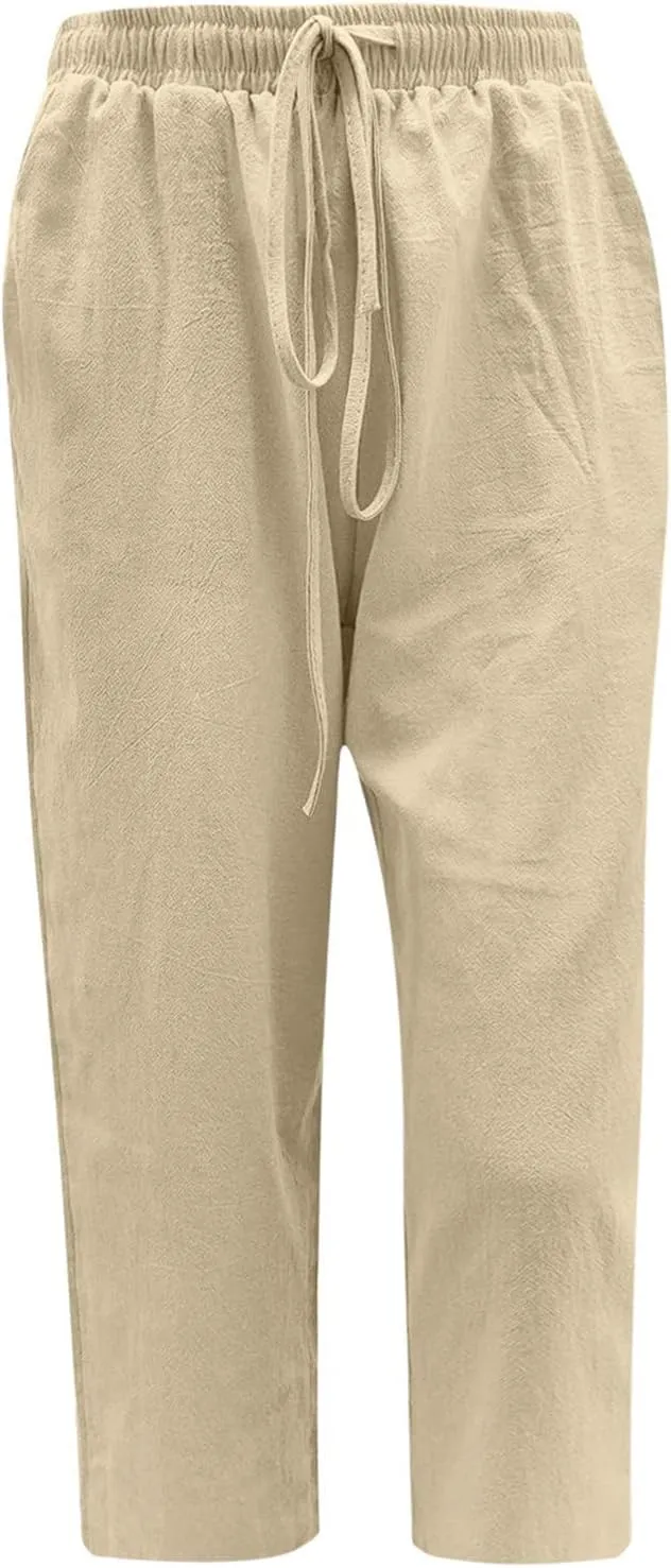 Straight Capris for Women with Pockets Stretch Elastic High Waist Drawstring Trousers Breathable Fashion Beach 2024