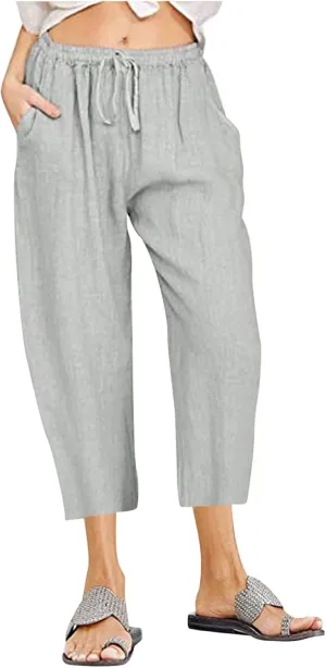 Straight Capris for Women with Pockets Stretch Elastic High Waist Drawstring Trousers Breathable Fashion Beach 2024