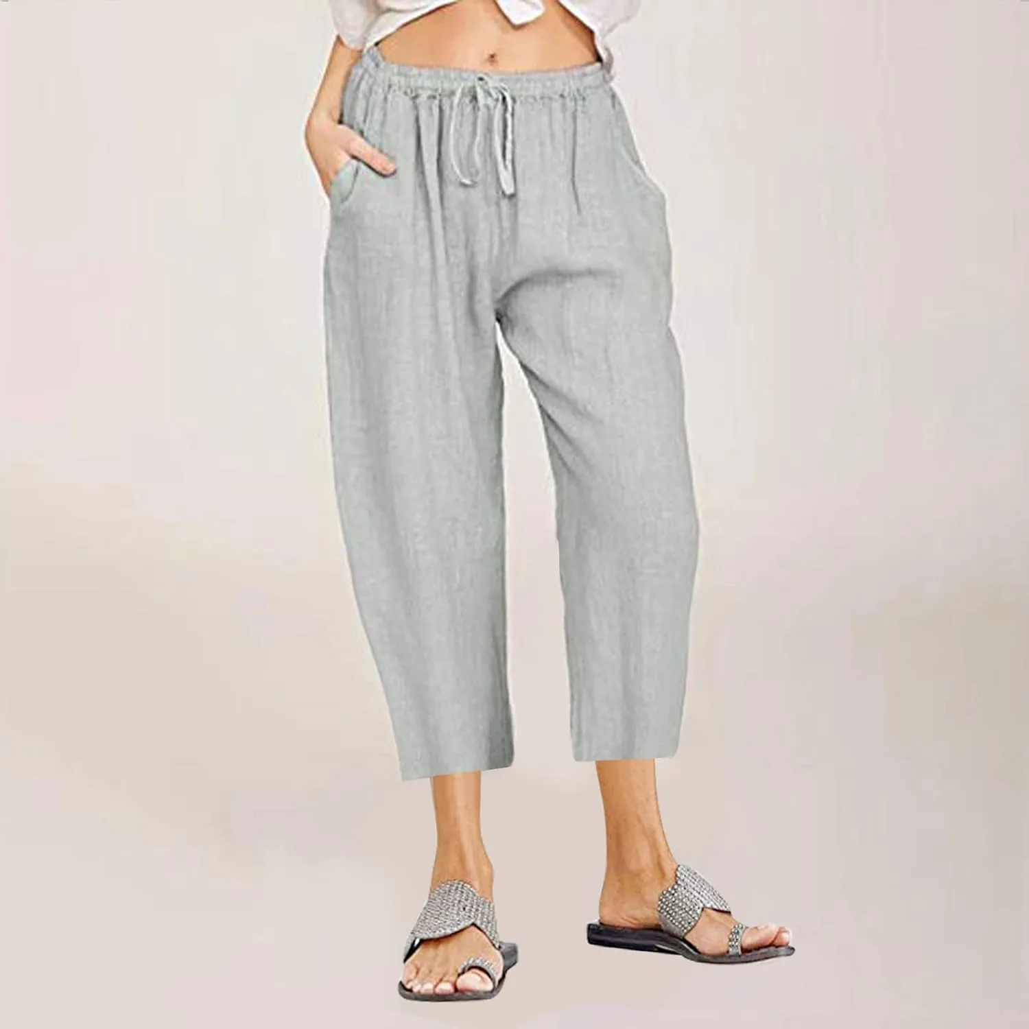 Straight Capris for Women with Pockets Stretch Elastic High Waist Drawstring Trousers Breathable Fashion Beach 2024
