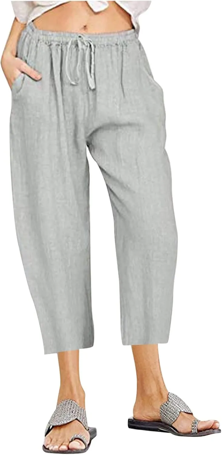 Straight Capris for Women with Pockets Stretch Elastic High Waist Drawstring Trousers Breathable Fashion Beach 2024