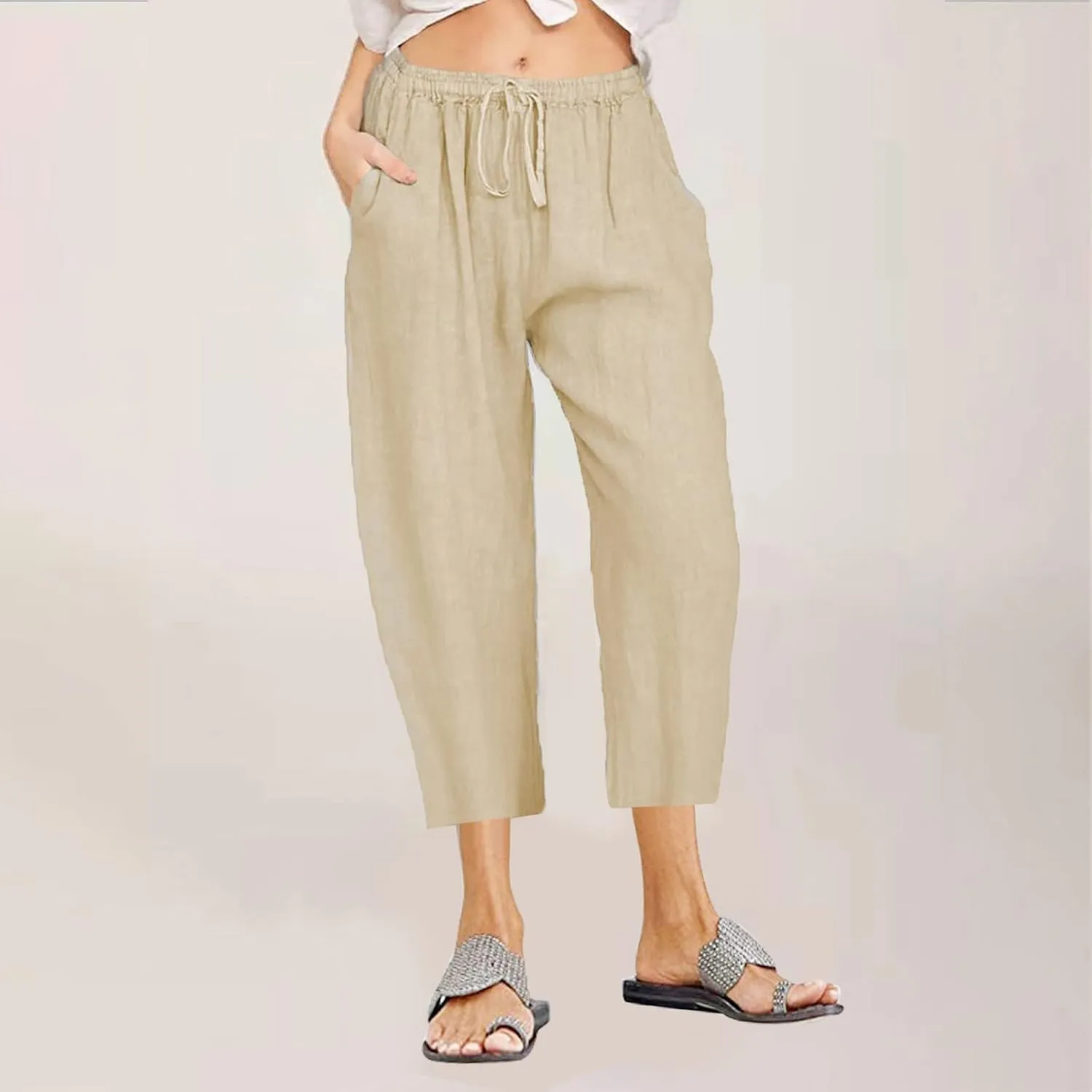 Straight Capris for Women with Pockets Stretch Elastic High Waist Drawstring Trousers Breathable Fashion Beach 2024
