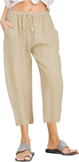 Straight Capris for Women with Pockets Stretch Elastic High Waist Drawstring Trousers Breathable Fashion Beach 2024