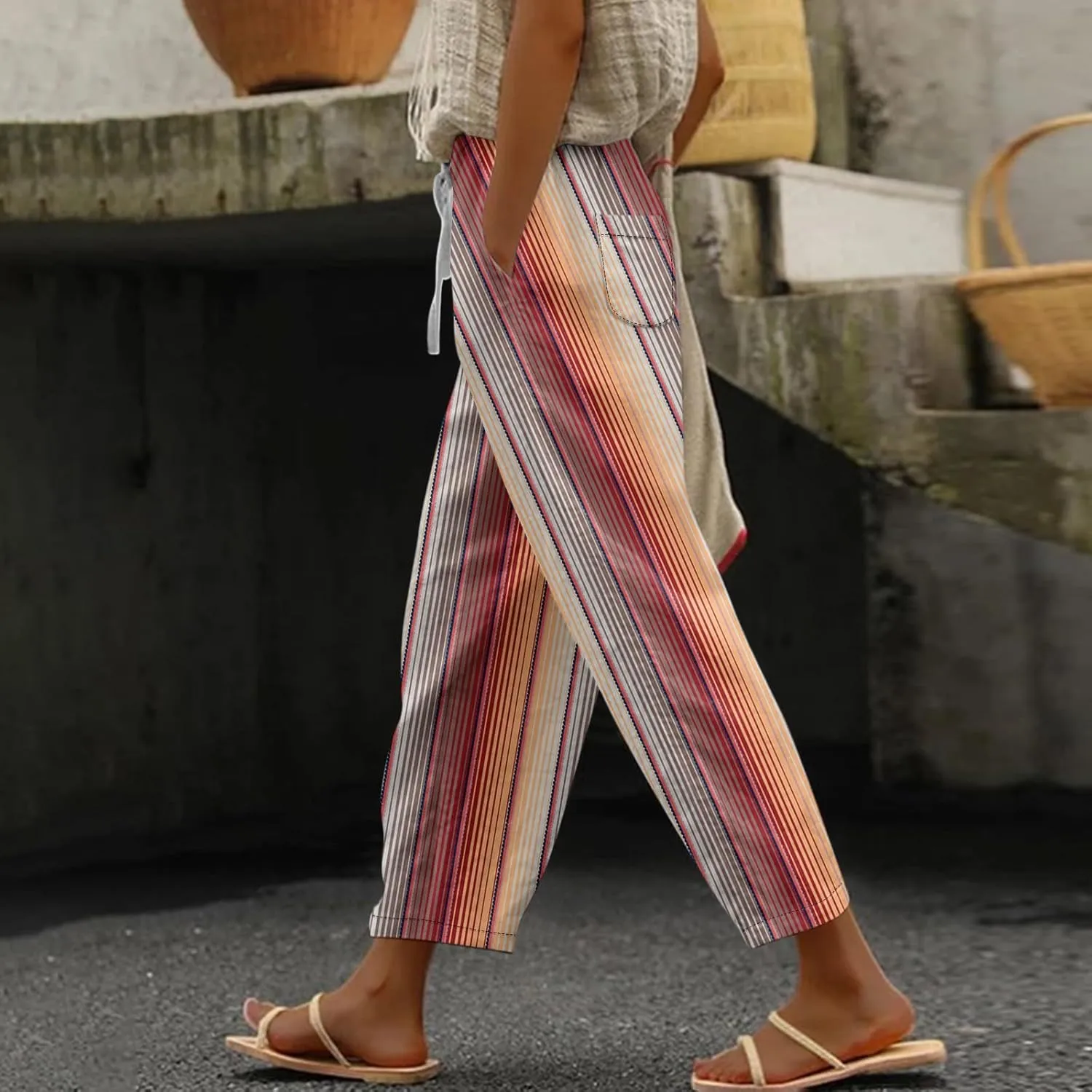 Striped Linen Pants Women Elastic Waist Trendy Drawstring Capri Pants Casual Loose Summer Beach Trouser