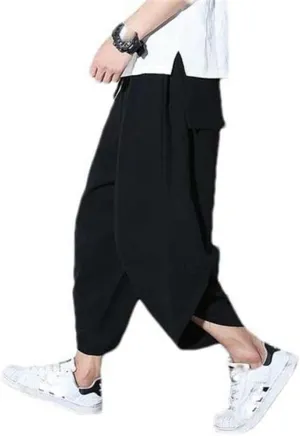 Summer Cotton Trousers for Men Casual Chinese Style Elastic Waist Linen Pants Solid Color Harem Pants